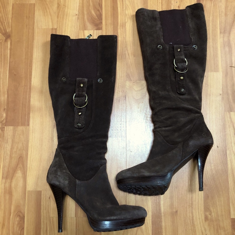 Guess Dark Brown Suede Heeled Boots